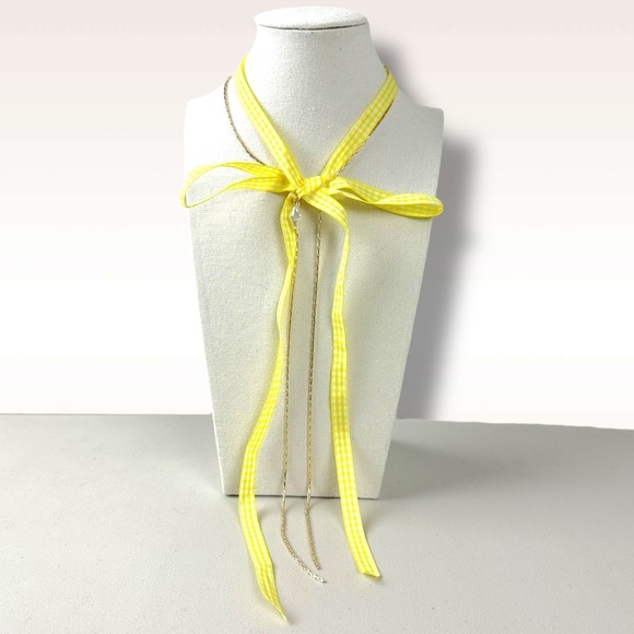 Free People Sitting Pretty Bow Choker Necklace in Yellow Gingham Picnic Spring - Picture 5 of 10
